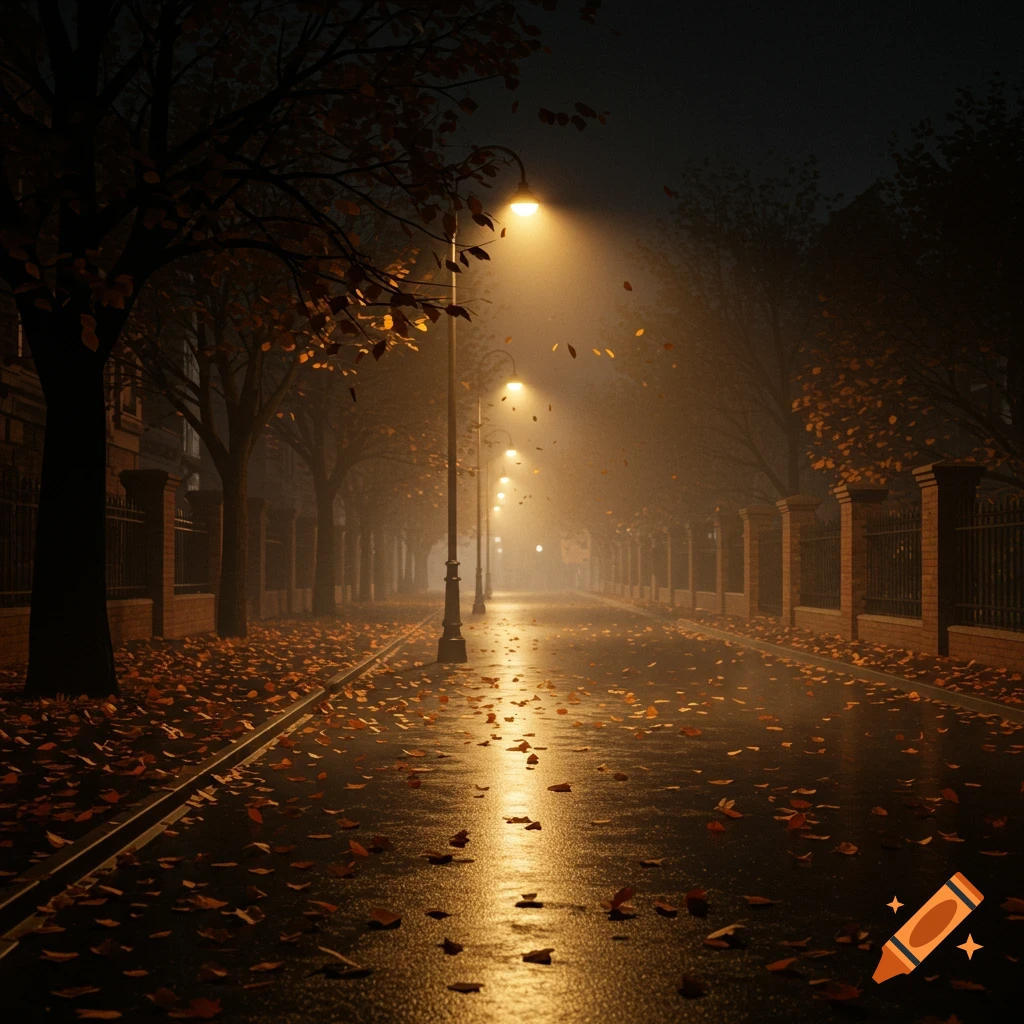 A moody night street scene with glowing street lamps, wet pavement reflecting light, and autumn leaves scattered.