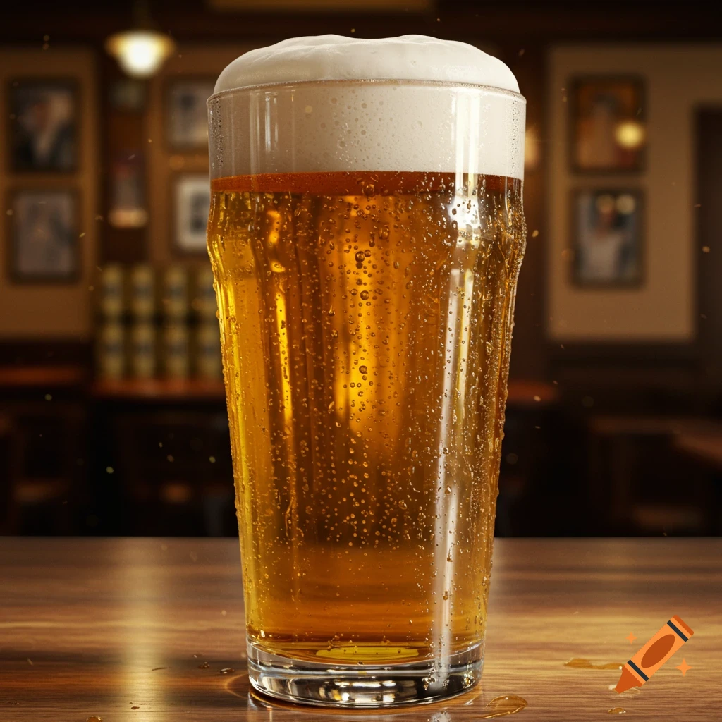 A photorealistic pint glass of golden beer with a frothy head and condensation, sitting on a wooden table in a blurry pub setting.