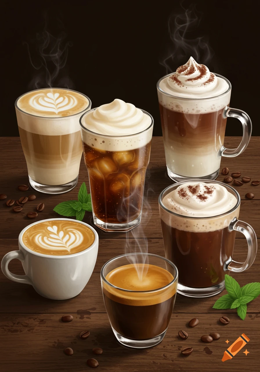 A digital illustration of six different steaming coffee drinks on a wooden table with scattered coffee beans.