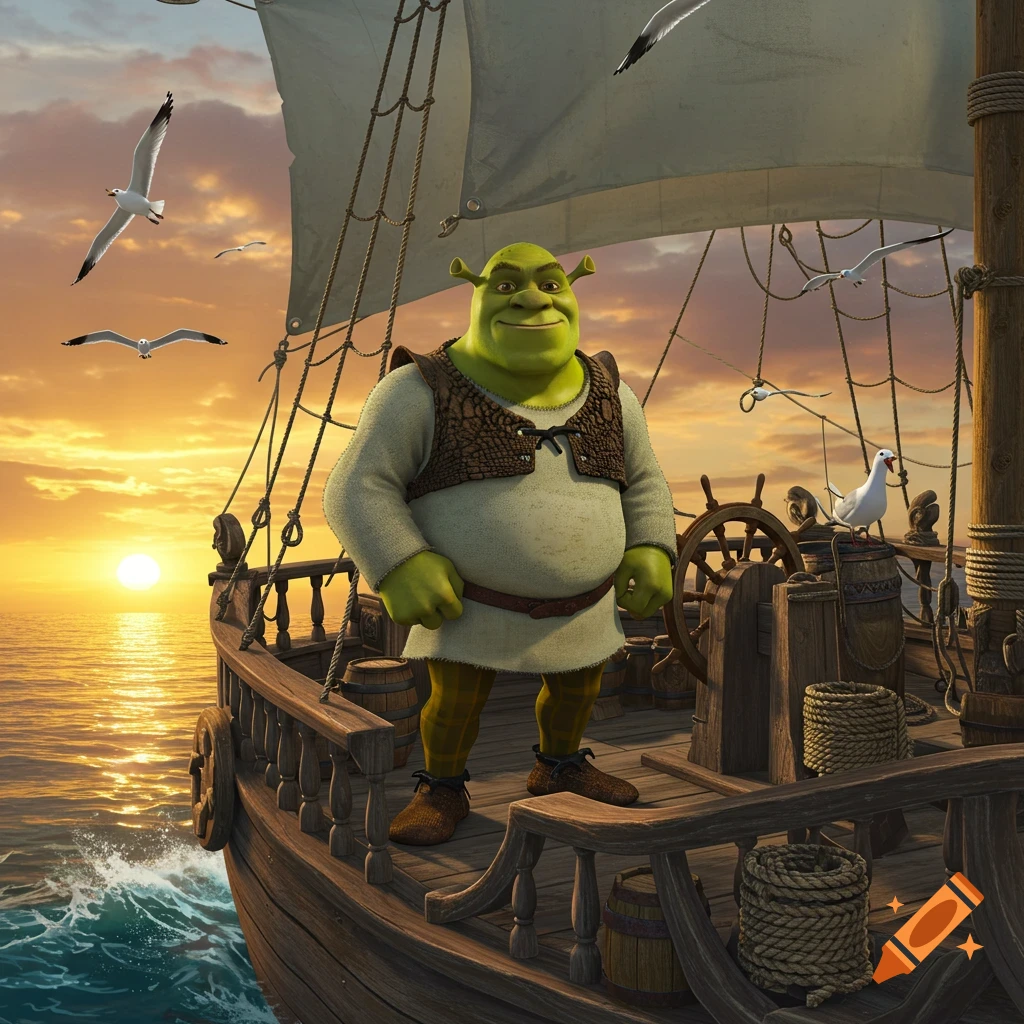 Shrek stands smiling on a wooden ship at sunset, with seagulls flying over the ocean.