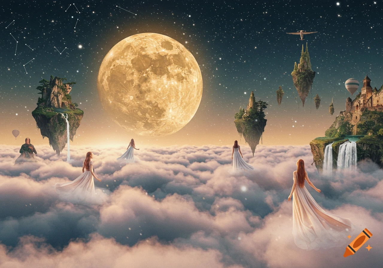 Several women in flowing dresses float on clouds under a giant full moon and starry sky with floating islands.