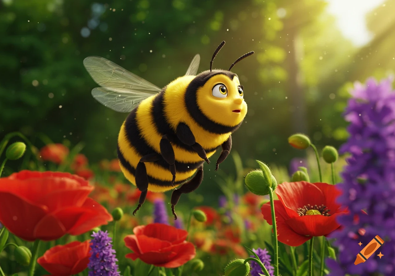 A plump, fuzzy cartoon bee with big eyes flies over a vibrant garden of red poppies and purple flowers in a sunny, children's book style.