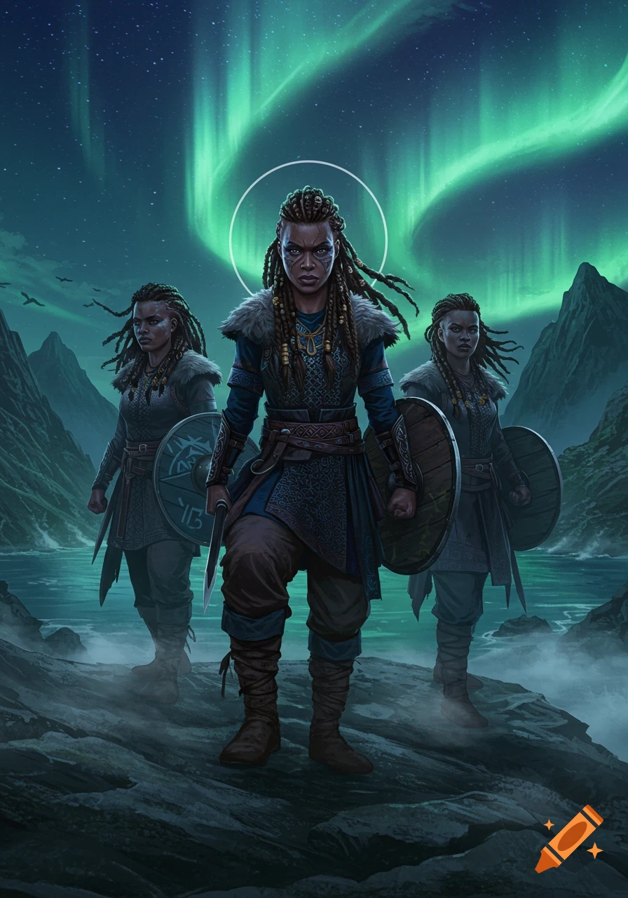 Three fierce, dark-skinned female warriors with dreadlocks, clad in armor and fur, stand on rocky terrain under a vibrant green aurora borealis.