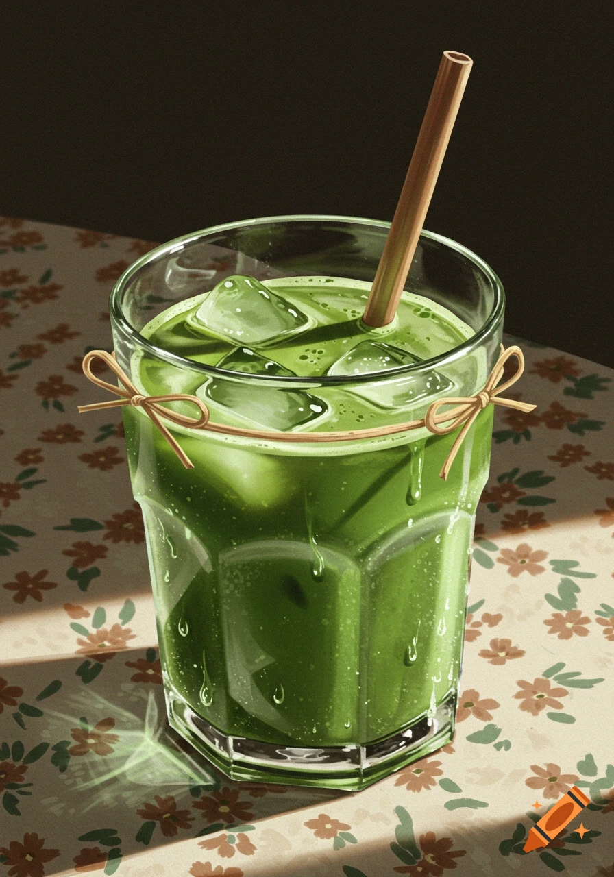 Iced matcha in a glass with a wooden straw and bows, on a floral tablecloth with sunlight. Digital illustration.