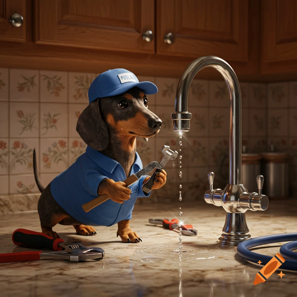 A realistic dachshund in a blue plumber's uniform and cap holds a wrench, repairing a leaky kitchen faucet on a marble counter.