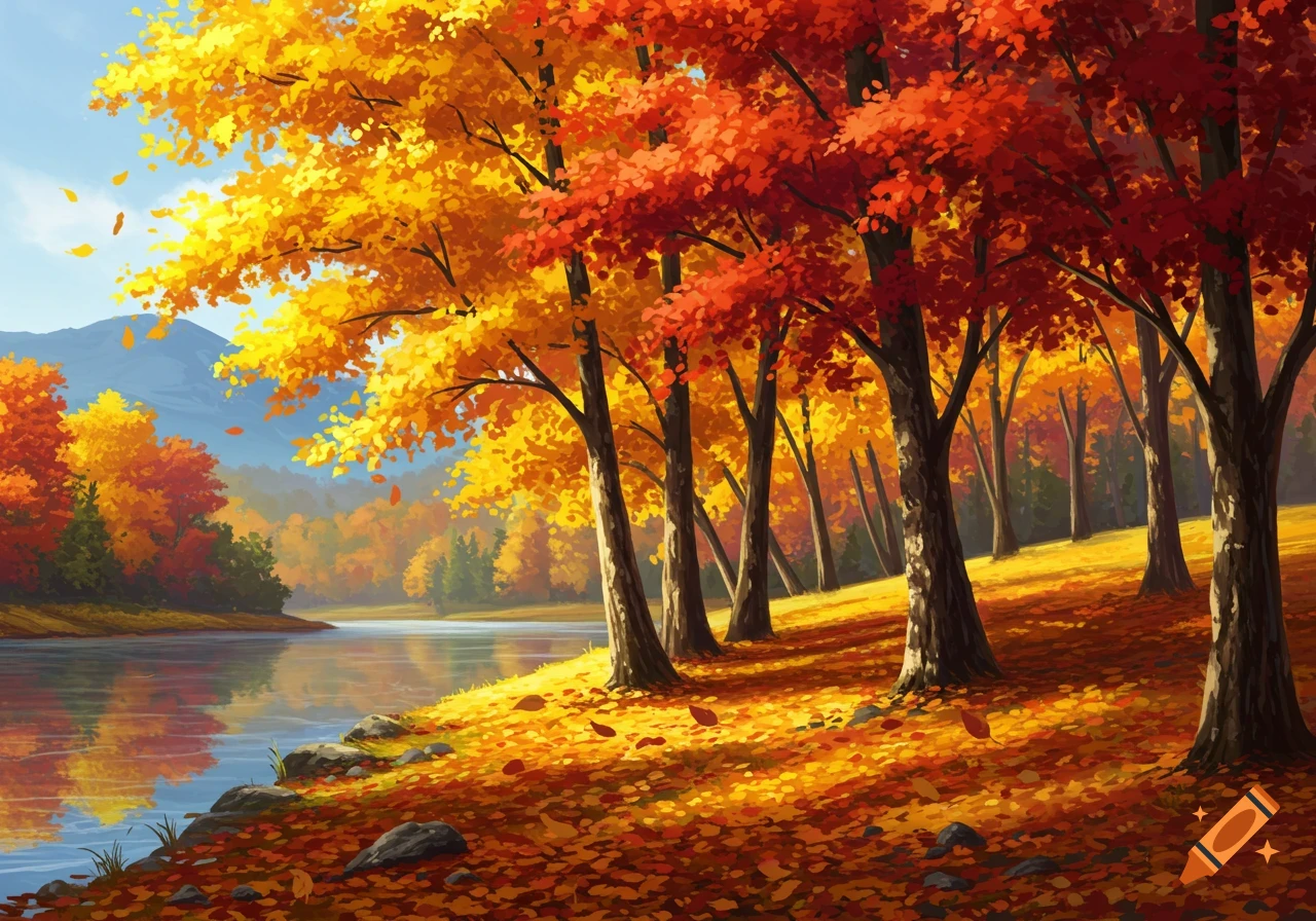 Painterly autumn landscape with vibrant red and yellow trees along a reflective river under a clear blue sky.