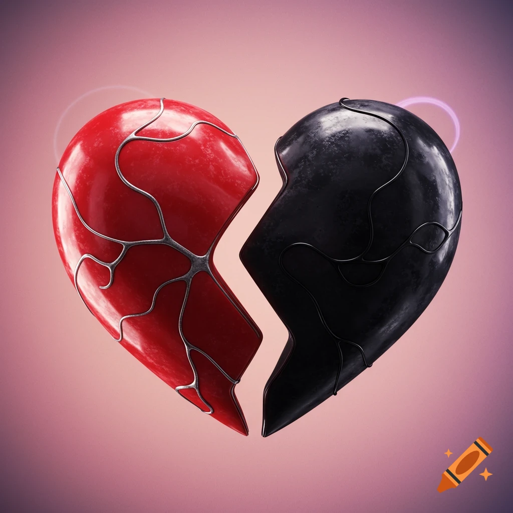 A stylized broken heart with a glossy red half and a textured black half, both adorned with silver vein-like patterns, against a pink background.