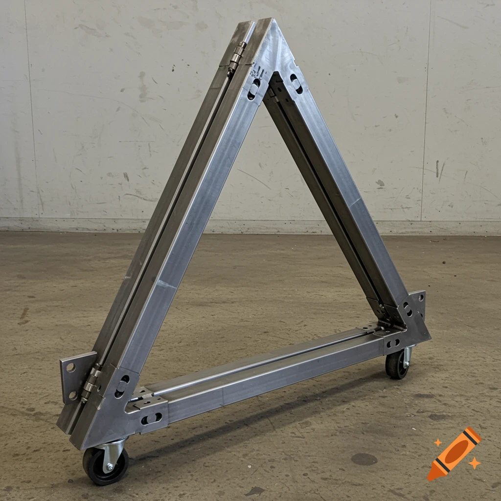Photorealistic image of a brushed steel triangular prism frame on swivel casters on a concrete workshop floor.