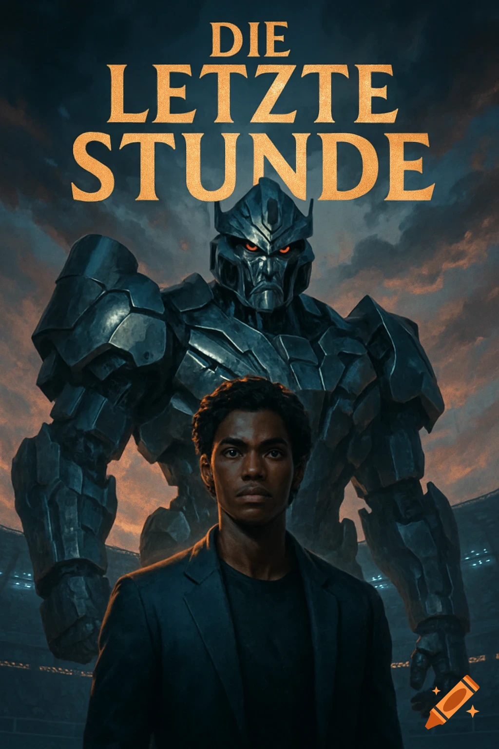 A young Black man stands in front of a giant dark robot under a dramatic sky, with "DIE LETZTE STUNDE" title, book cover style.