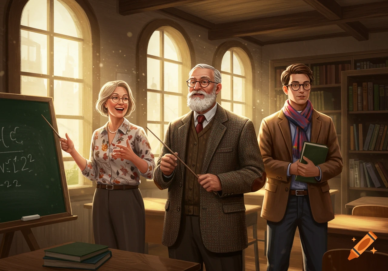 Three teachers, two older and one younger, stand in a sunlit classroom with a blackboard and bookshelves, in a painterly style.