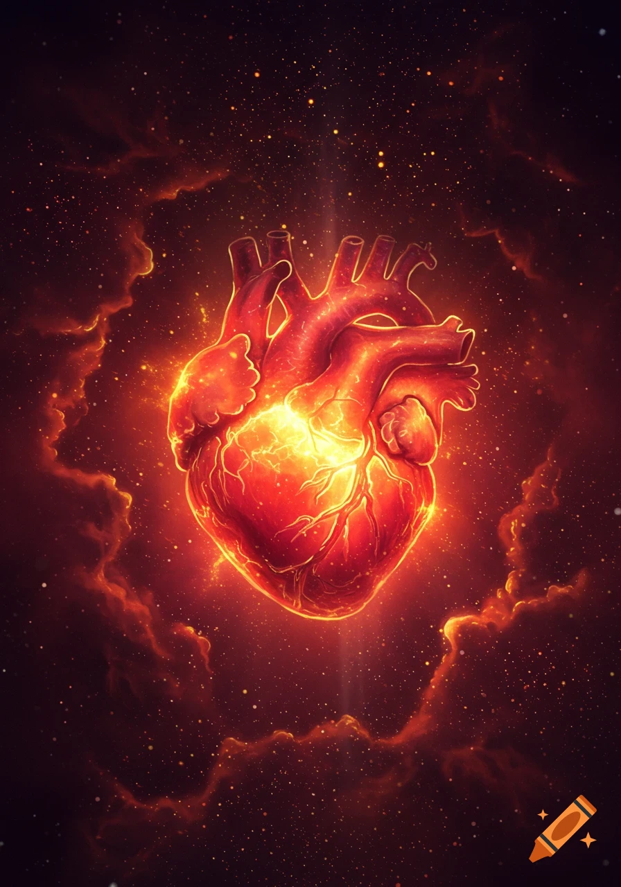 A glowing, fiery anatomical heart floats amidst cosmic dust and reddish clouds.