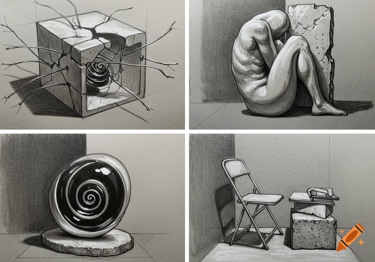 Four monochromatic pencil and charcoal sketches: a broken cube, a curled figure, a spiral sphere, and a chair with concrete blocks.