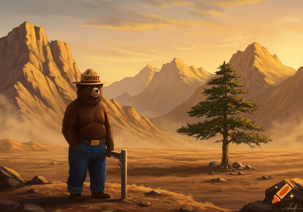A cartoon Smokey Bear stands in a vast, arid mountain landscape at sunset, wearing his ranger hat with 'SMOKEY' written on it.
