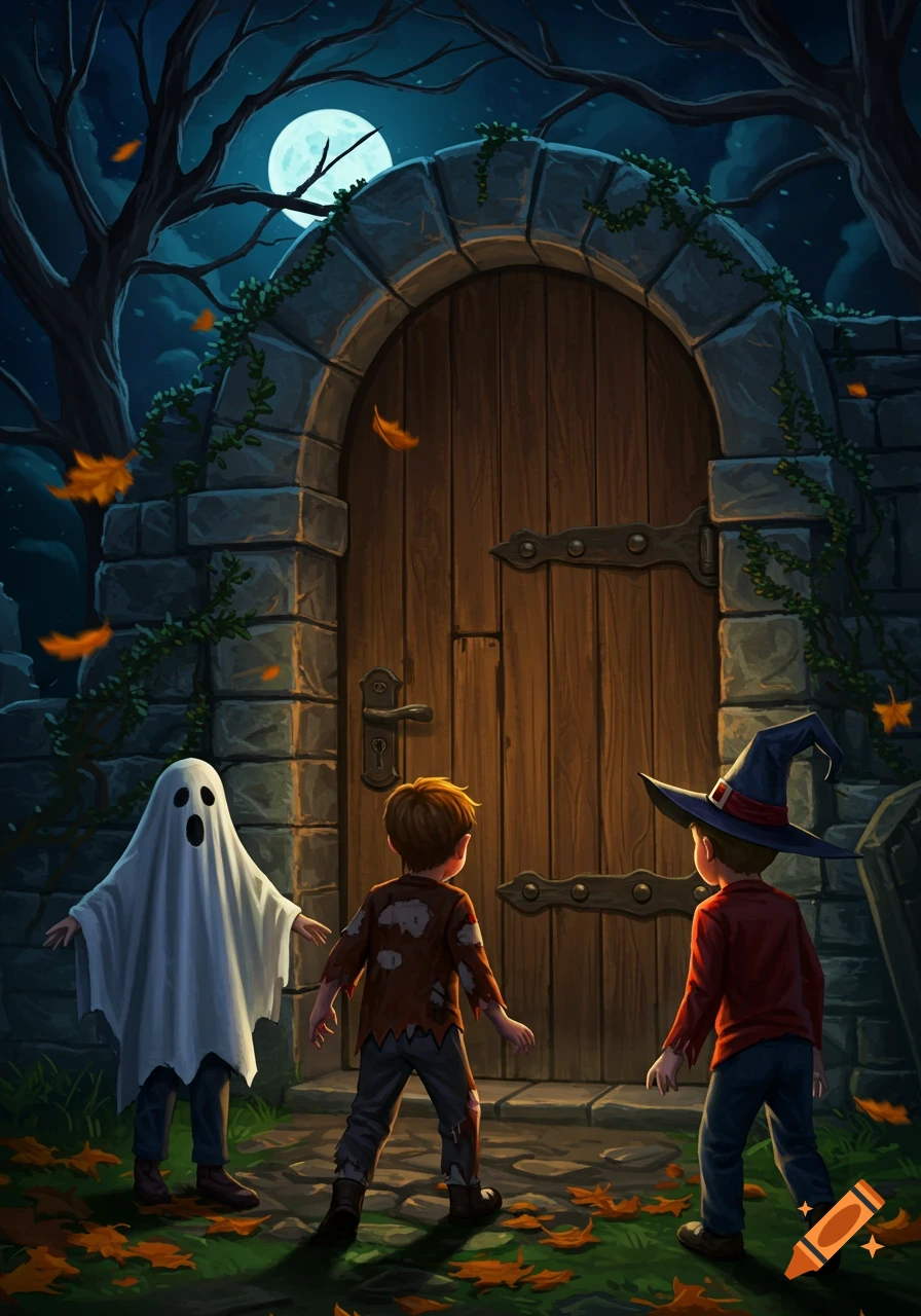 Illustration of three boys in Halloween costumes, a ghost, zombie, and wizard, approaching a spooky door at night under a full moon.