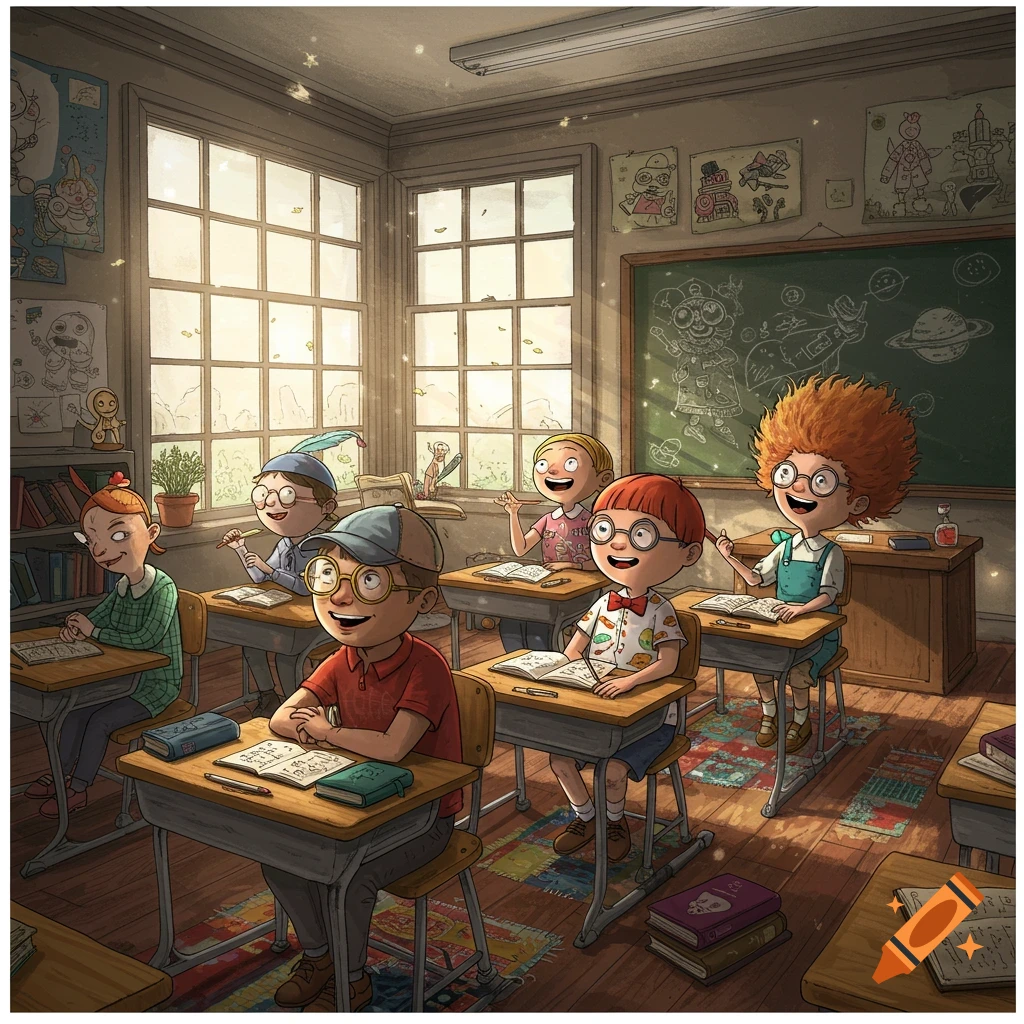 A whimsical illustration of happy, diverse cartoon children in a sunlit classroom, sitting at desks and looking engaged.