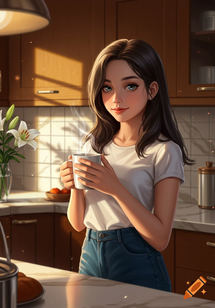 Anime-style illustration of a young woman with dark hair holding a steaming mug in a sunlit kitchen.