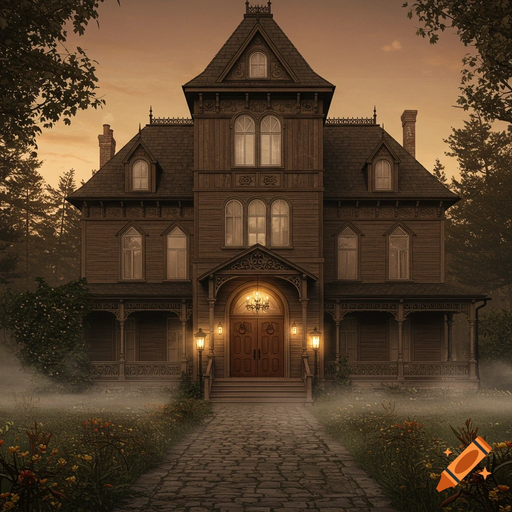 A grand, dark Victorian manor stands shrouded in mist at dusk, surrounded by tall trees and a cobblestone path.