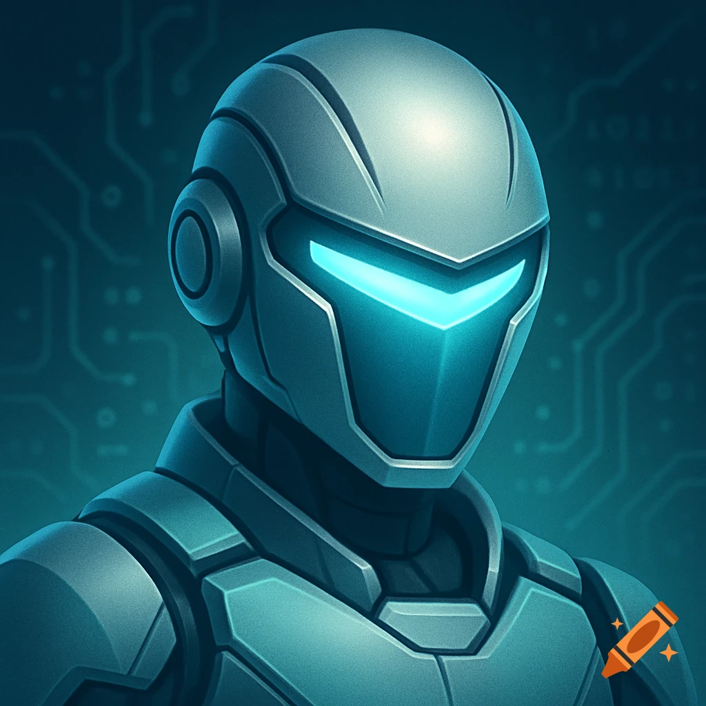 Close-up of a futuristic silver robot head with glowing blue eyes, against a dark, circuit board-patterned background.