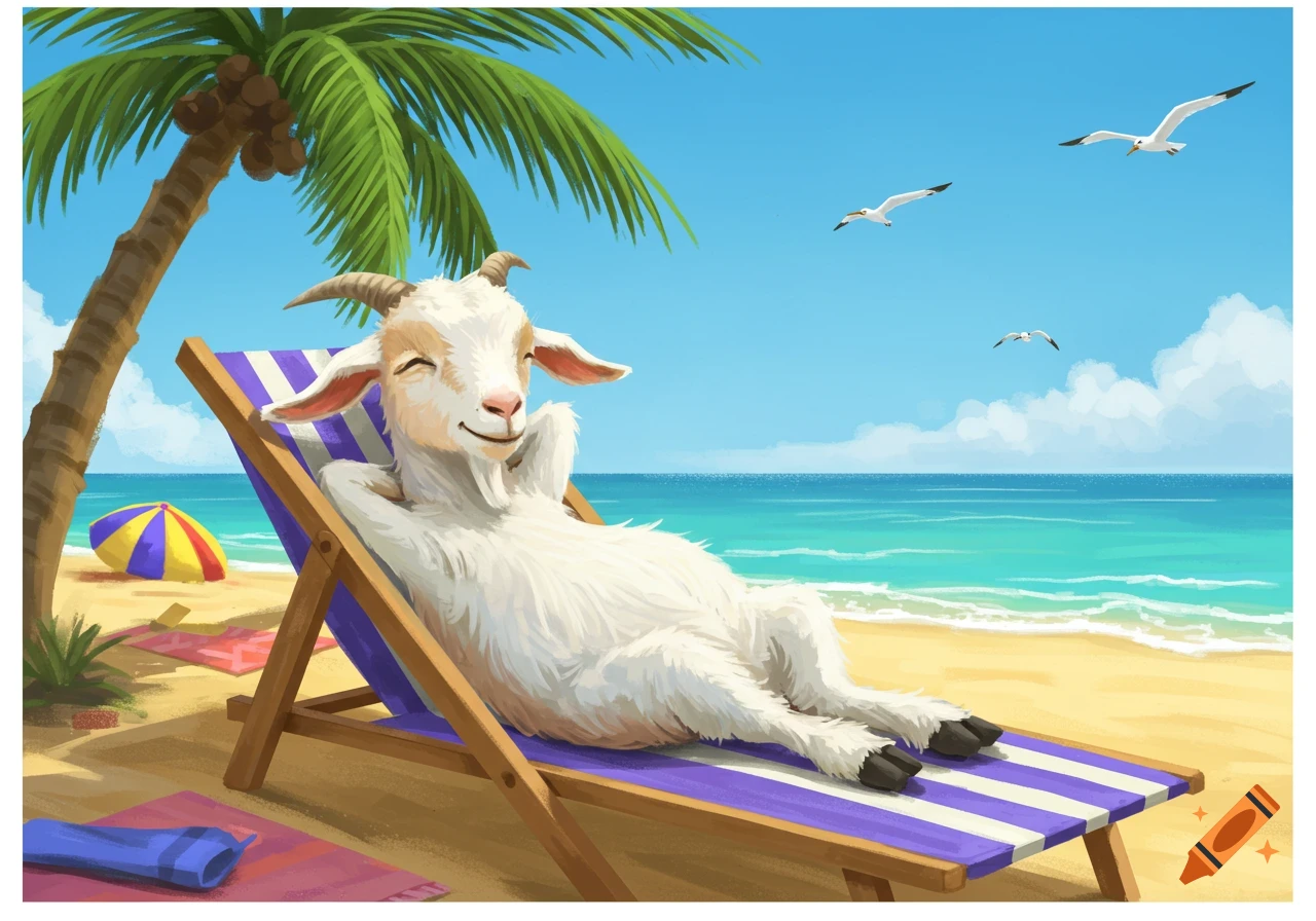 A happy cartoon goat relaxes on a striped beach chair under a palm tree on a sunny beach with the ocean and seagulls. Illustrated.