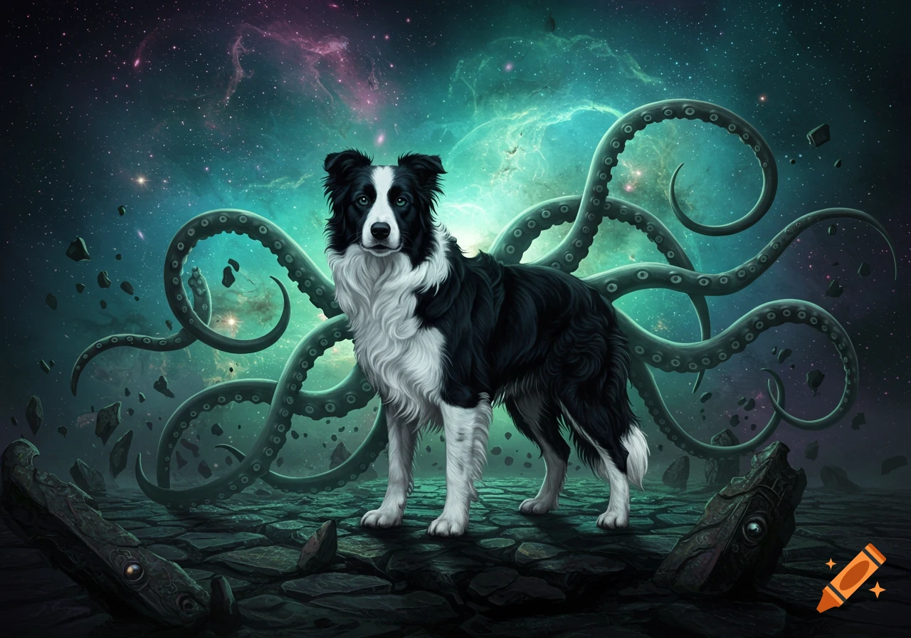 A black and white Border Collie with glowing eyes and green octopus tentacles stands on dark cracked ground under a cosmic nebula sky. Fantasy digital art.