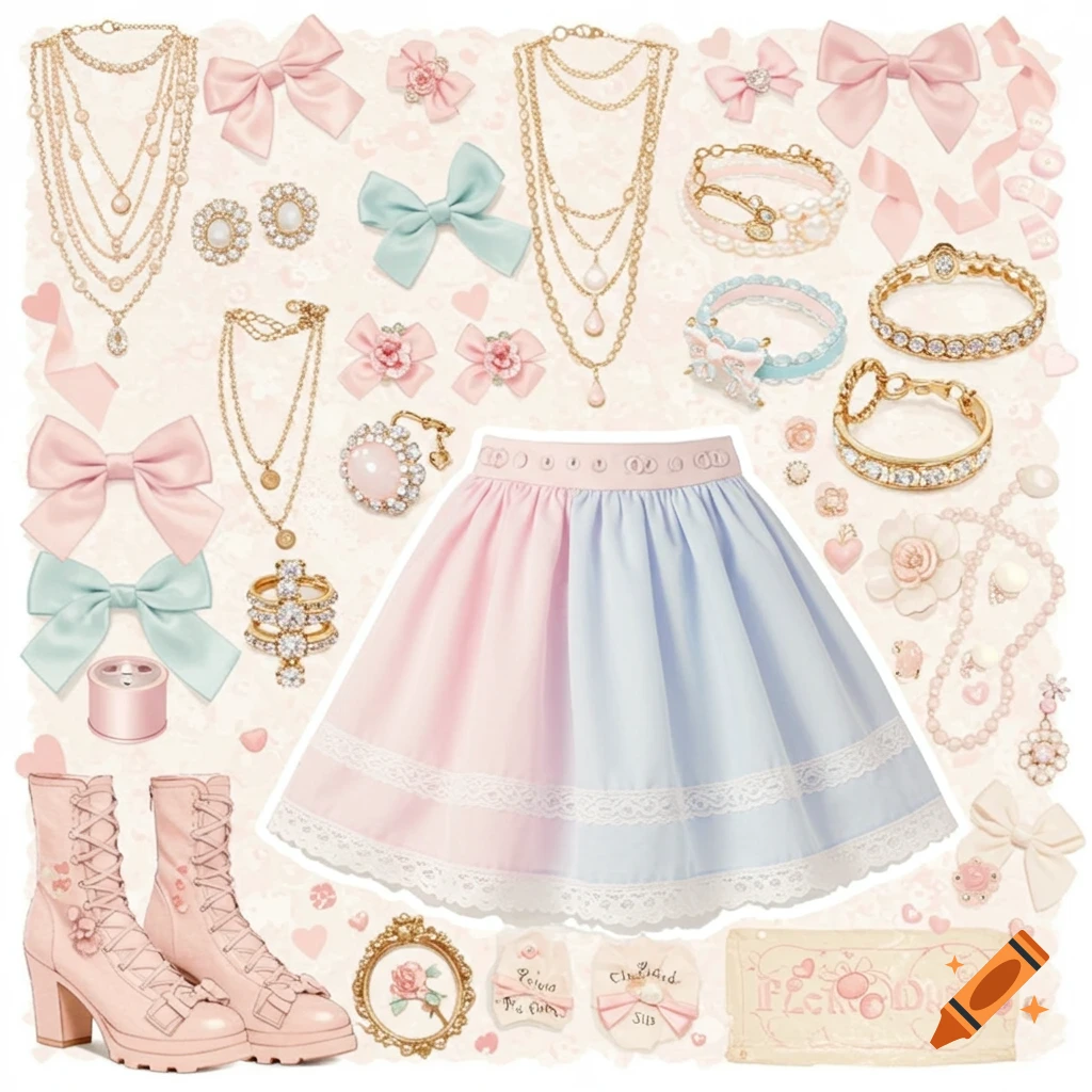 Coquette fashion mood board with a pink and blue skirt, pastel boots, gold and pearl jewelry, and satin bows.
