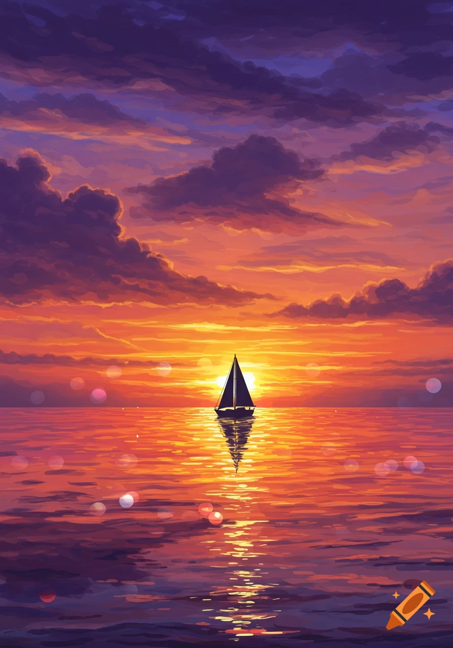 Digital painting of a sailboat silhouetted against a brilliant orange and purple sunset over a reflective ocean.