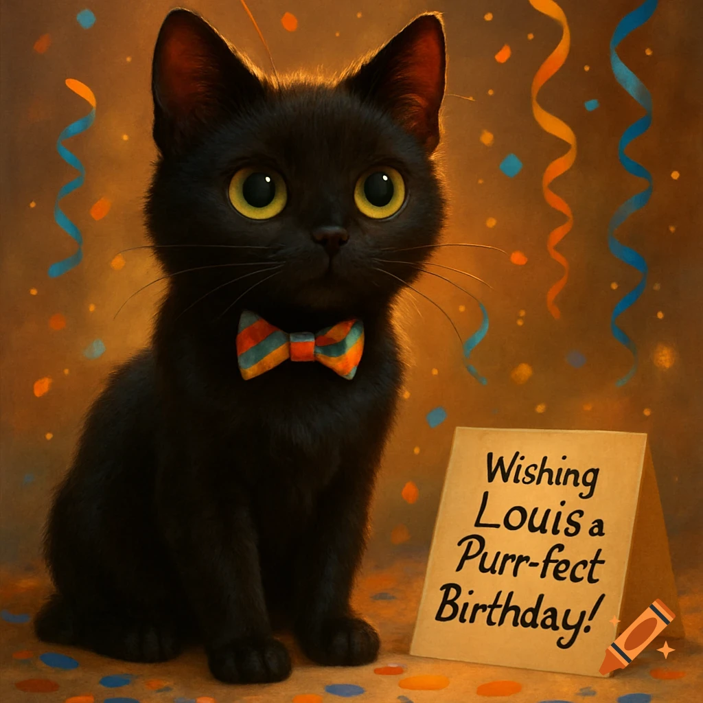 A cute black cat with big yellow eyes and a colorful bow tie sits next to a sign wishing Louis a purr-fect birthday.