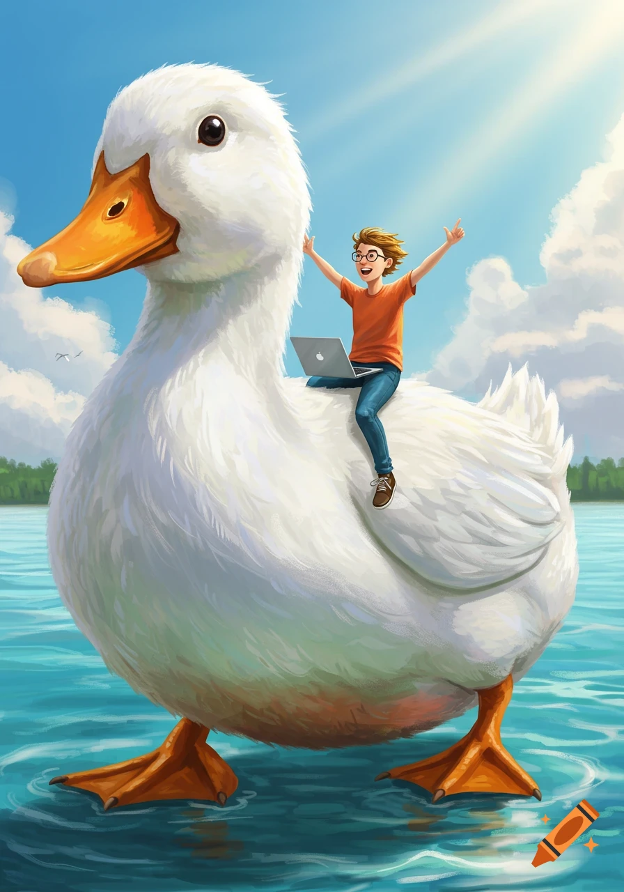 An excited boy in glasses rides a giant white duck across blue water, holding a laptop with arms raised, in a bright illustration.