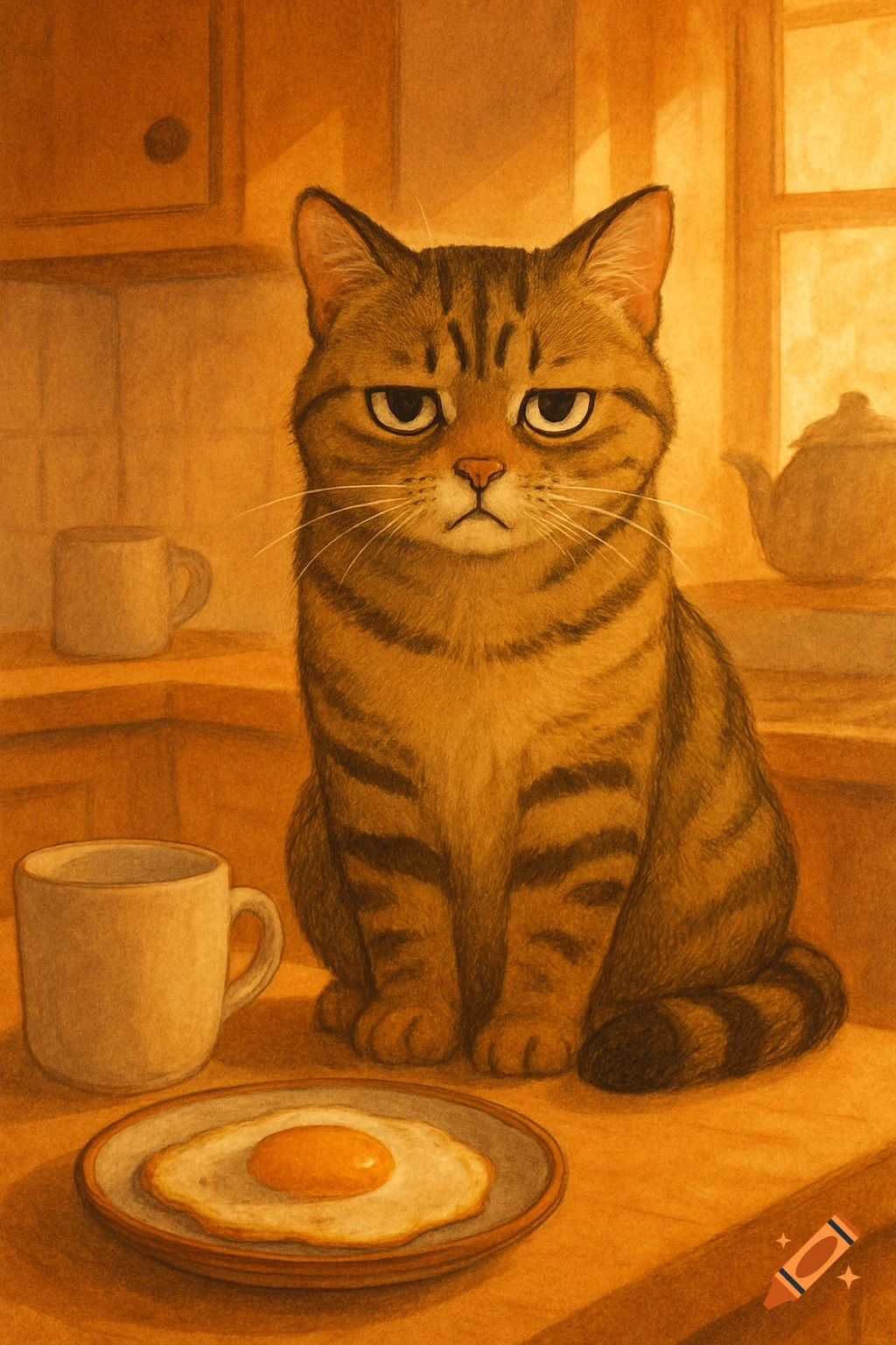 Grumpy tabby cat sits on a kitchen counter beside a fried egg and a mug, depicted in a warm-toned illustration.