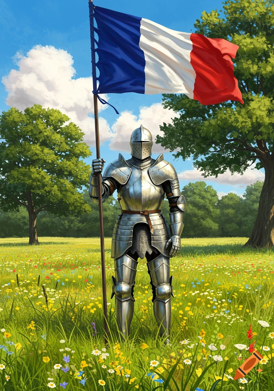A knight in shining armor stands in a wildflower meadow, holding a large French flag aloft under a blue sky.