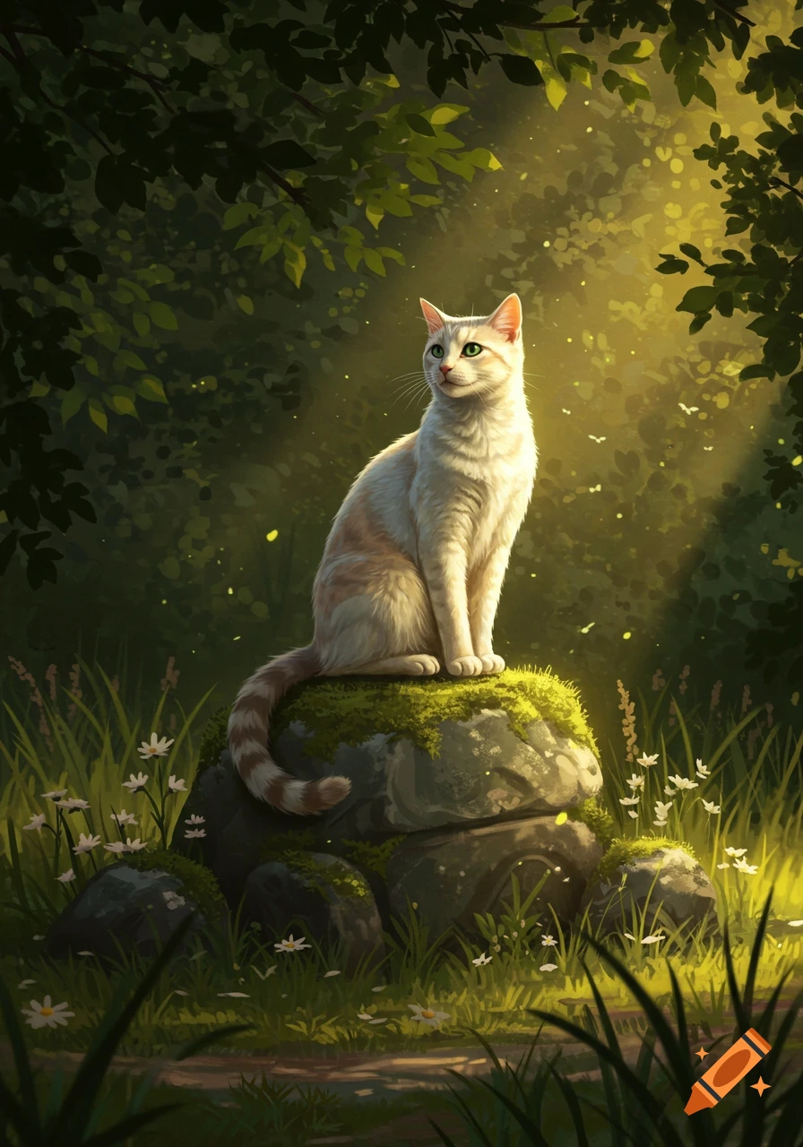 A white and orange cat with green eyes sits on a mossy rock in a sunlit forest, surrounded by foliage and wildflowers, painted art.