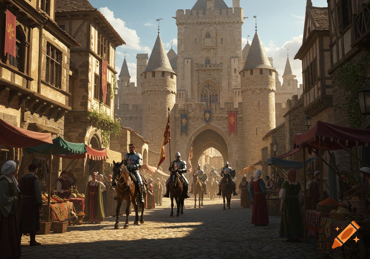 Knights on horseback ride through a bustling medieval market street towards a large castle gate in a photorealistic style.