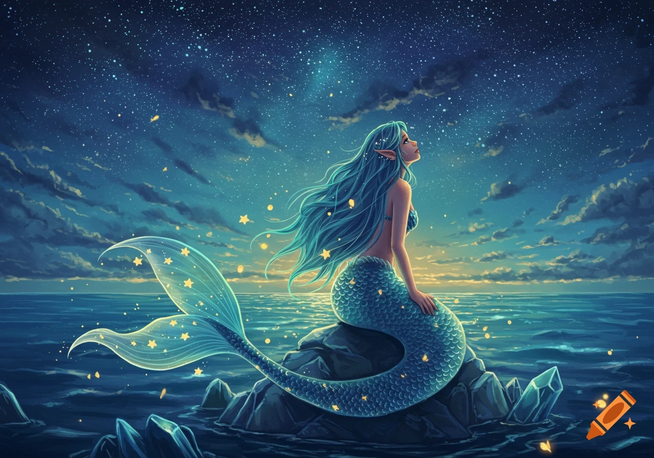 A fantasy digital painting of a mermaid with long blue hair sitting on ocean rocks under a starry night sky, looking upwards.