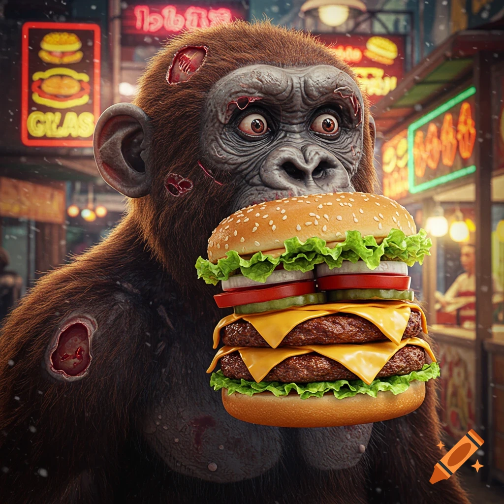 A photorealistic, detailed image of a zombie-like ape holding a large double cheeseburger with a busy street background.
