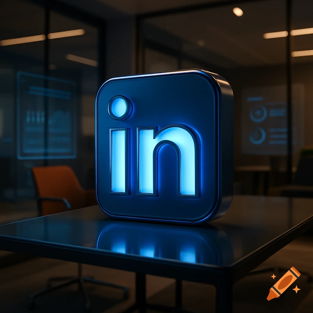 A glowing blue 3D LinkedIn logo prominently displayed on a dark table in a modern, dimly lit office.