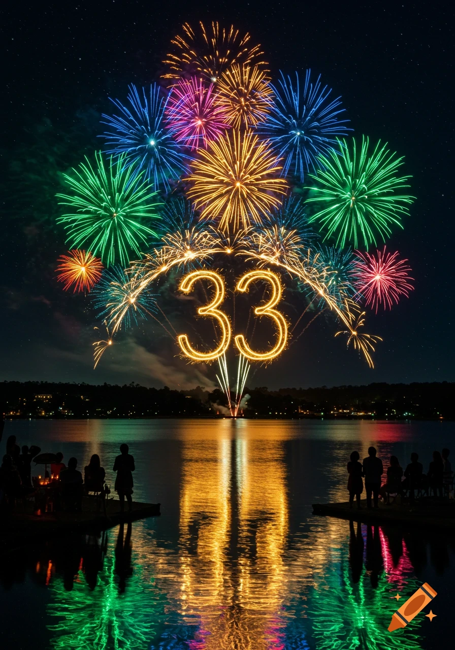 Vibrant fireworks forming the number 33 explode over a serene lake at night, with silhouetted spectators on the shore. Photorealistic.