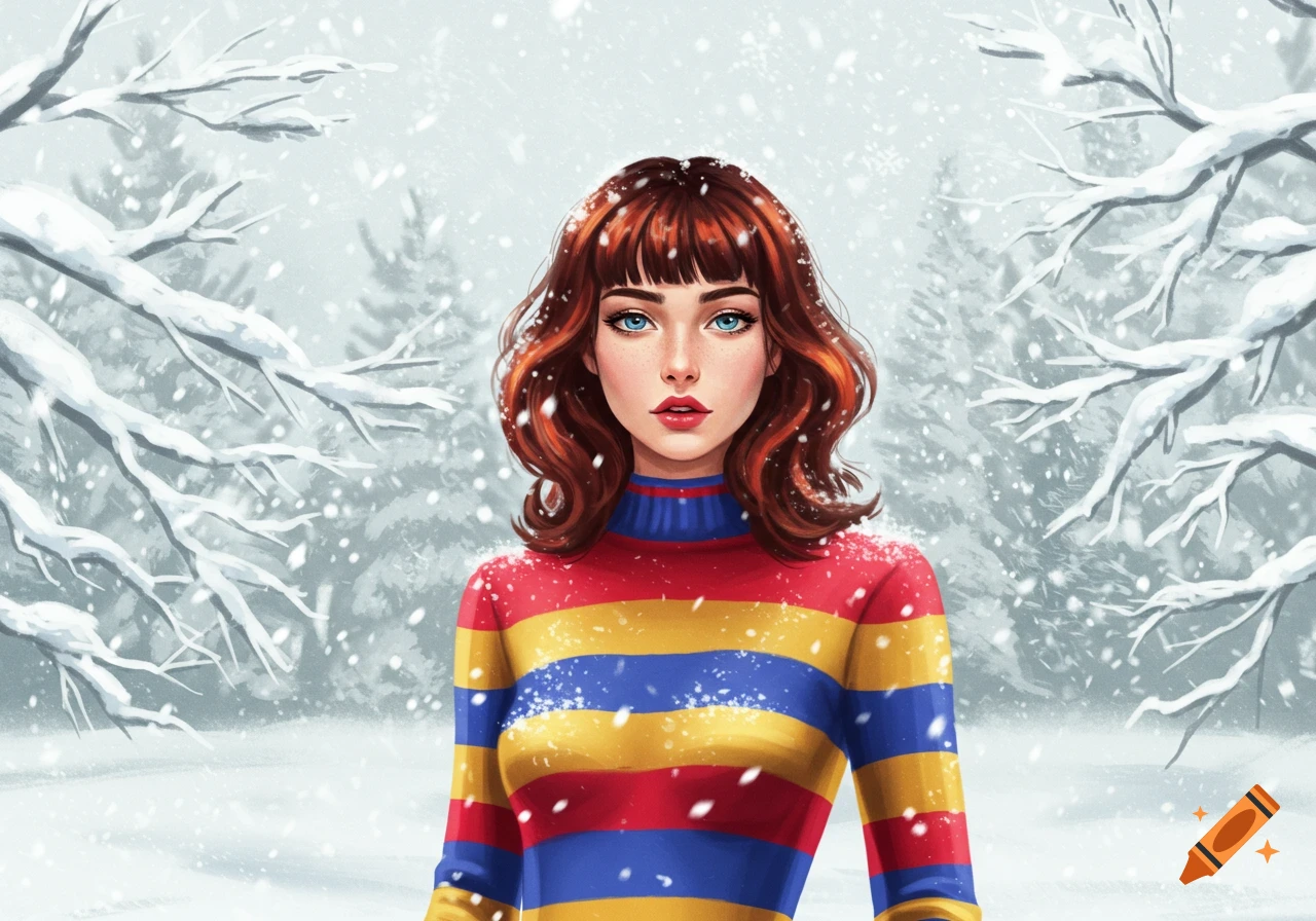 Digital art of a woman with red hair and blue eyes in a colorful striped sweater, standing in a snowy winter forest.