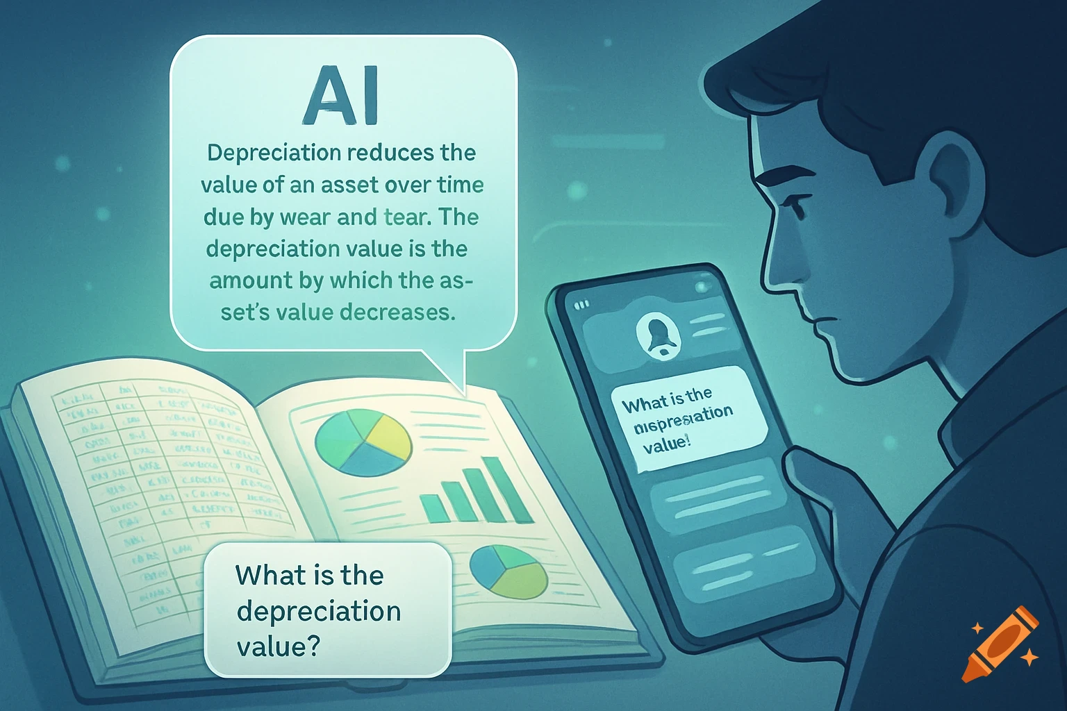An illustrated man interacts with an AI chatbot on his phone, asking about depreciation. An AI speech bubble explains the concept, next to an open ledger with charts.