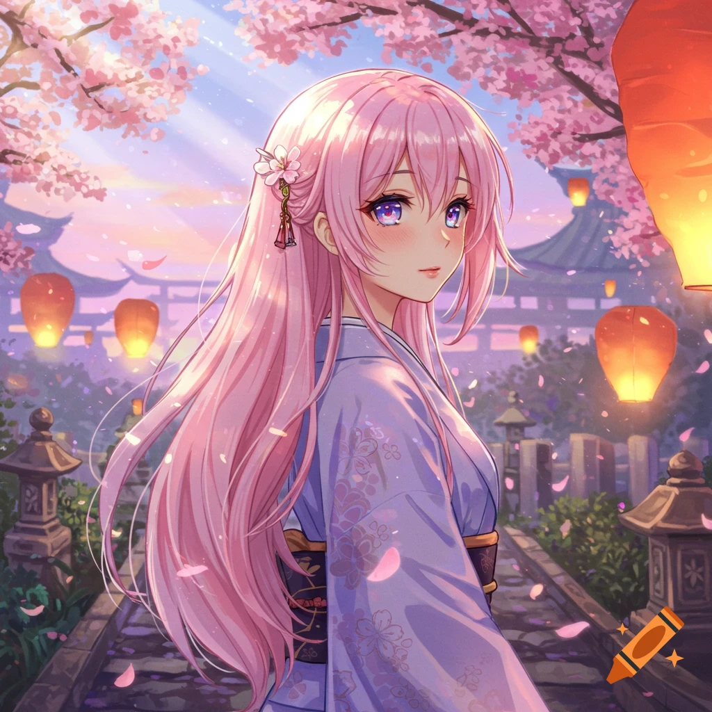 Anime girl with long pink hair in a light purple kimono, standing under cherry blossoms and glowing lanterns in a dreamy art style.