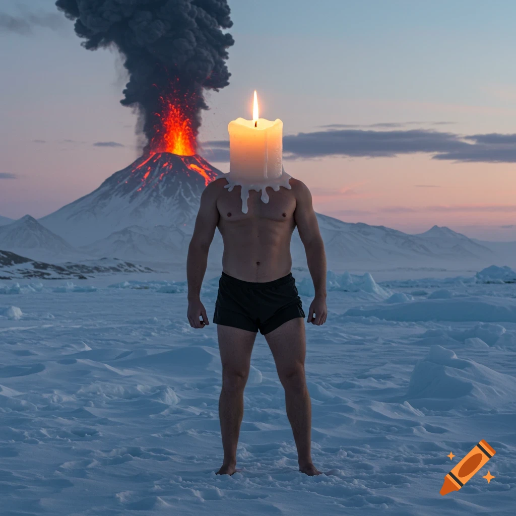 Muscular man with a flaming candle head stands barefoot on a snowy tundra, an erupting volcano in the distance at dawn, photorealistic.