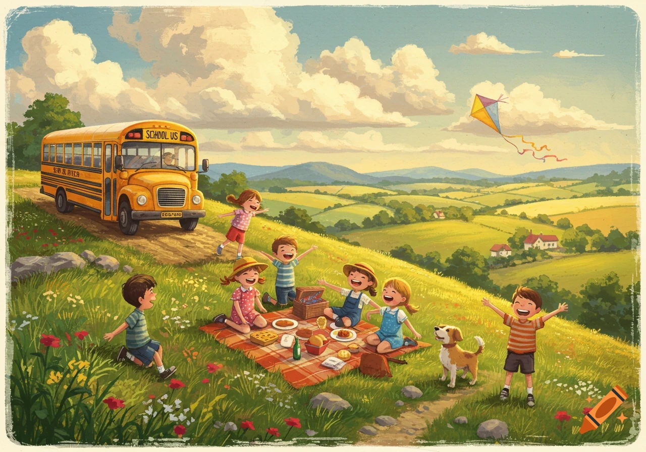 A cheerful illustration of children picnicking in a lush green field with a school bus, dog, and kite under a blue, cloudy sky.