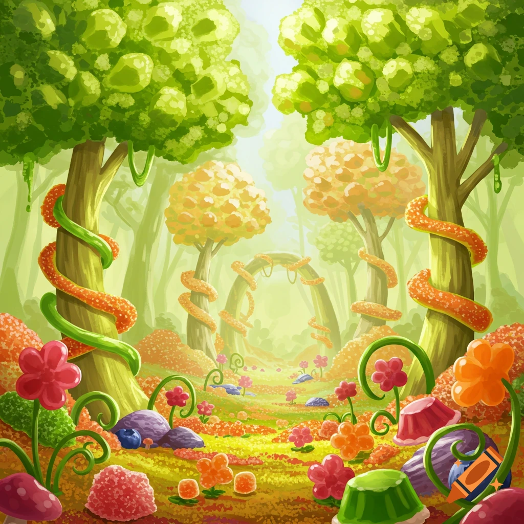 A whimsical forest landscape with trees, plants, and ground cover made of colorful gummy candies and jellies.