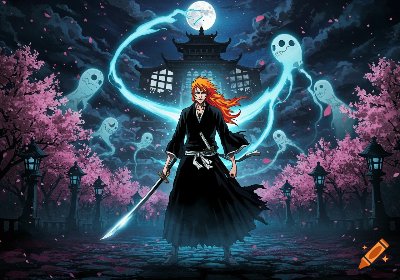 Anime character with orange hair and black robe stands with a glowing sword under a full moon, surrounded by cherry blossoms, a temple, and spirits.