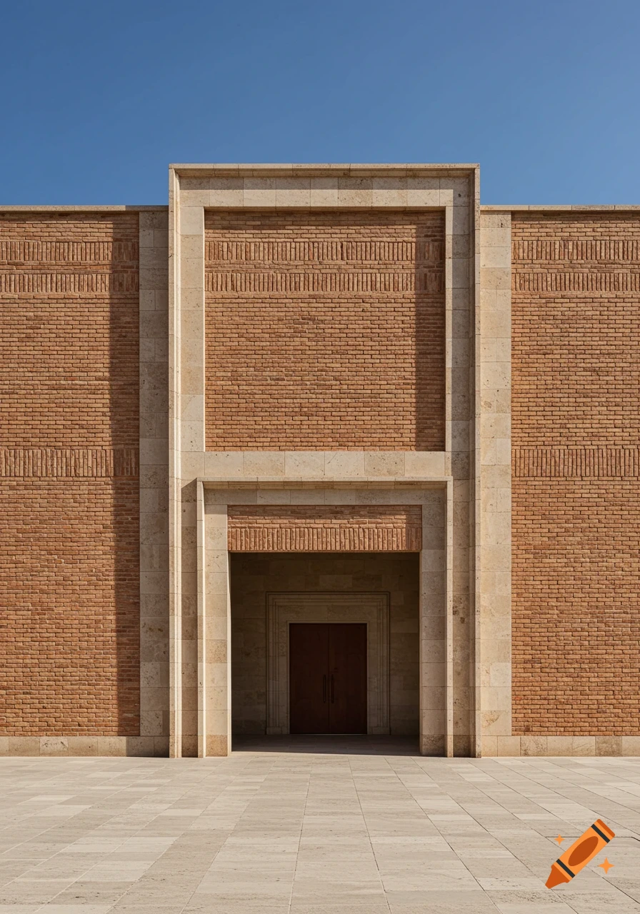 A geometric building facade of orange bricks and light stone, with a prominent stone frame around a recessed entrance featuring a dark wooden double door, under a clear blue sky.
