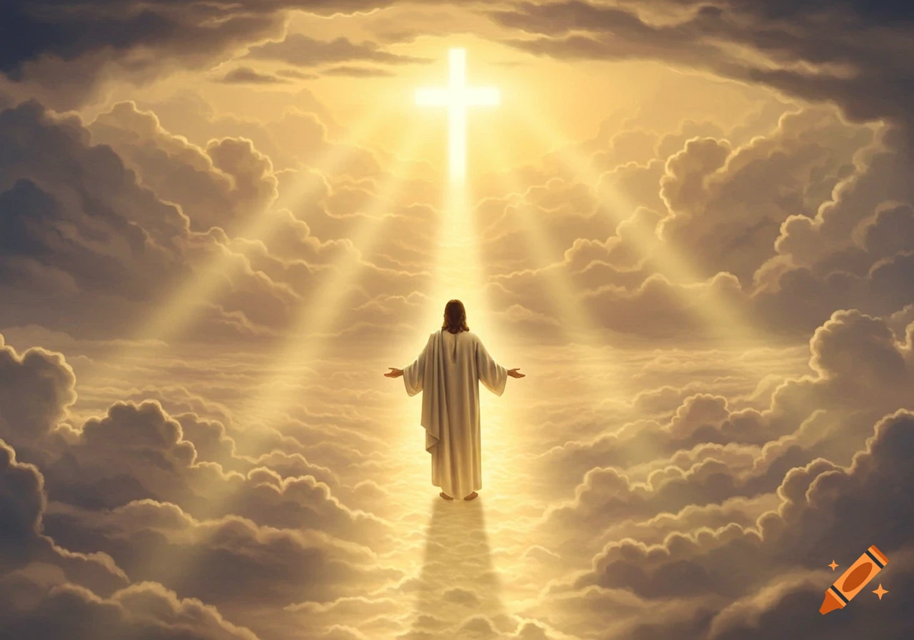 Jesus stands with open arms on a radiant path of light amidst golden clouds, with a glowing cross above in the sky, in a painterly style.