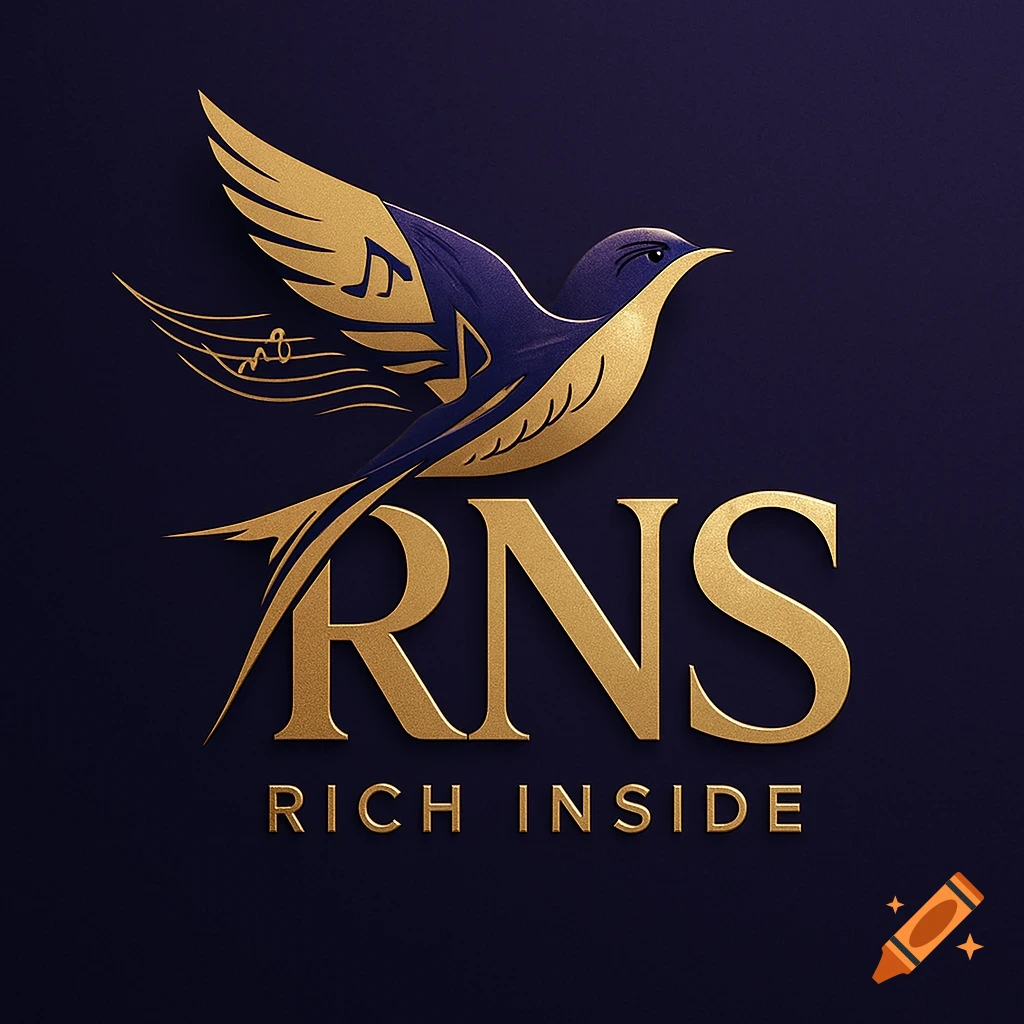 A luxurious gold and deep purple logo featuring a flying bird with musical notes on its wing, above 'RNS RICH INSIDE'.