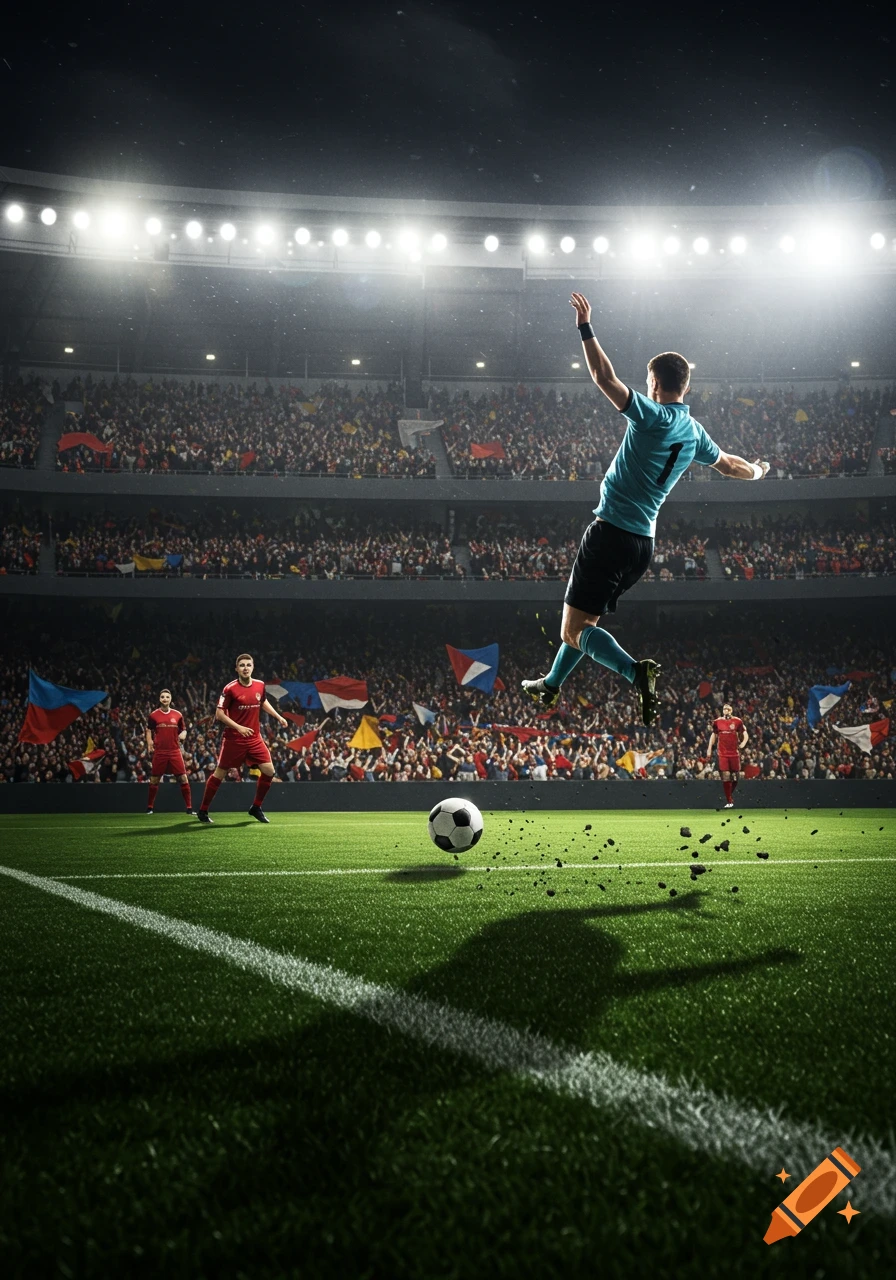 Photorealistic image of a soccer player in a blue jersey with number '1' jumping to kick a soccer ball in a brightly lit, crowded stadium at night.
