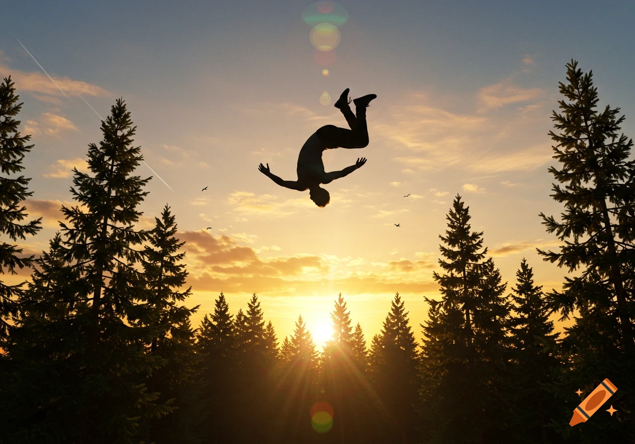 Silhouette of a person doing a backflip against a vibrant orange and blue sunset sky with pine trees.