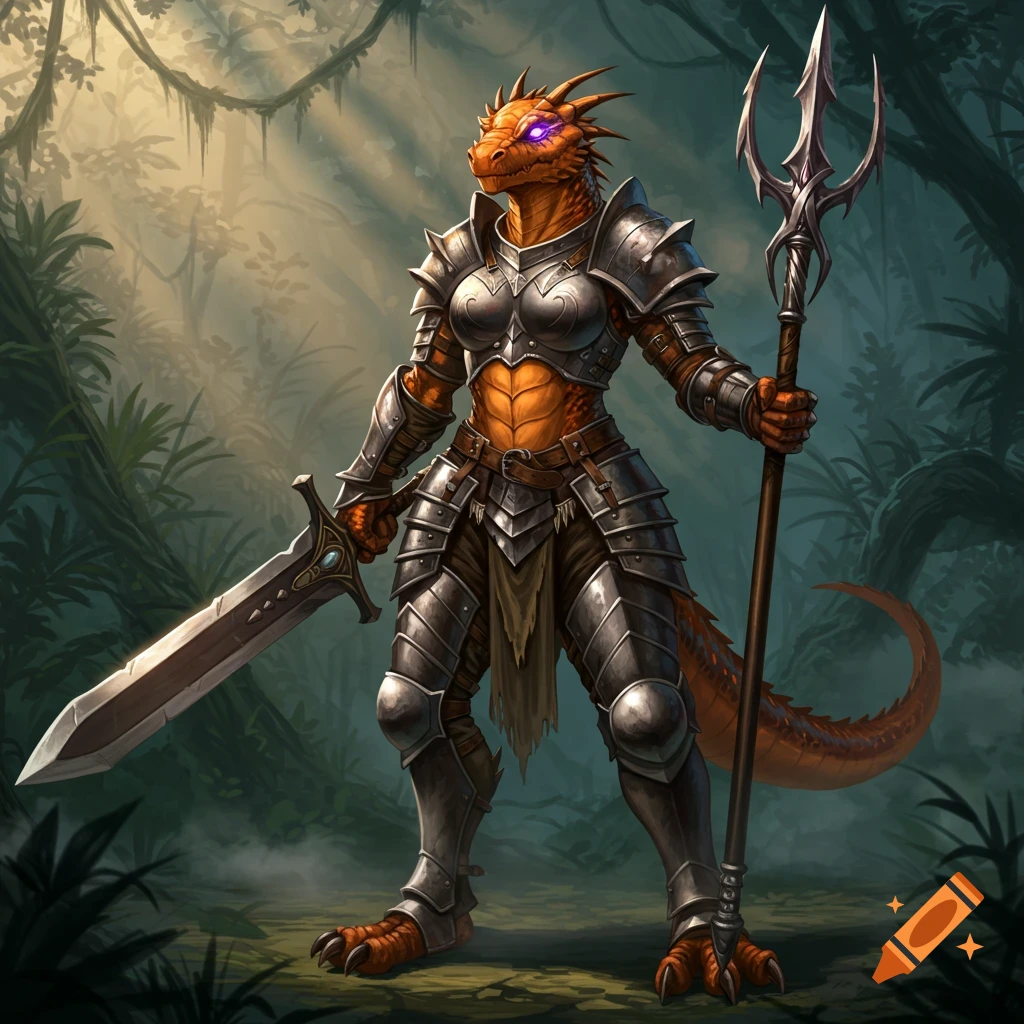 A powerful orange lizardfolk warrior in full plate armor, wielding a large sword and a trident, stands in a misty jungle.