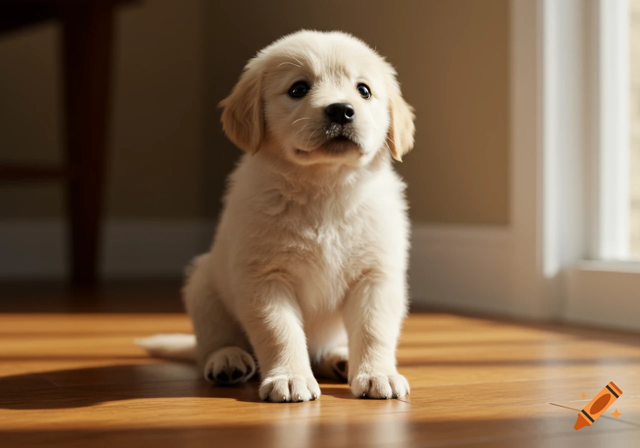 A cute, fluffy golden retriever puppy sits on a wooden floor, looking up with big eyes, with sunlight streaming in.